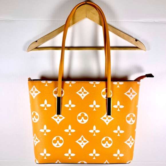Trendy orange/white monogram pattern tote shoulder crossbody bag/wallet set gold - Picture 2 of 14
